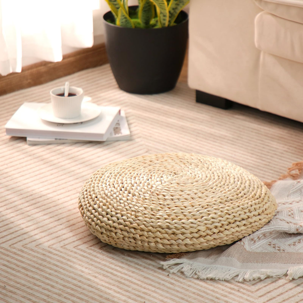 6 Pcs Straw Floor Cushions Round Large Tatami Floor Pillow Cushion