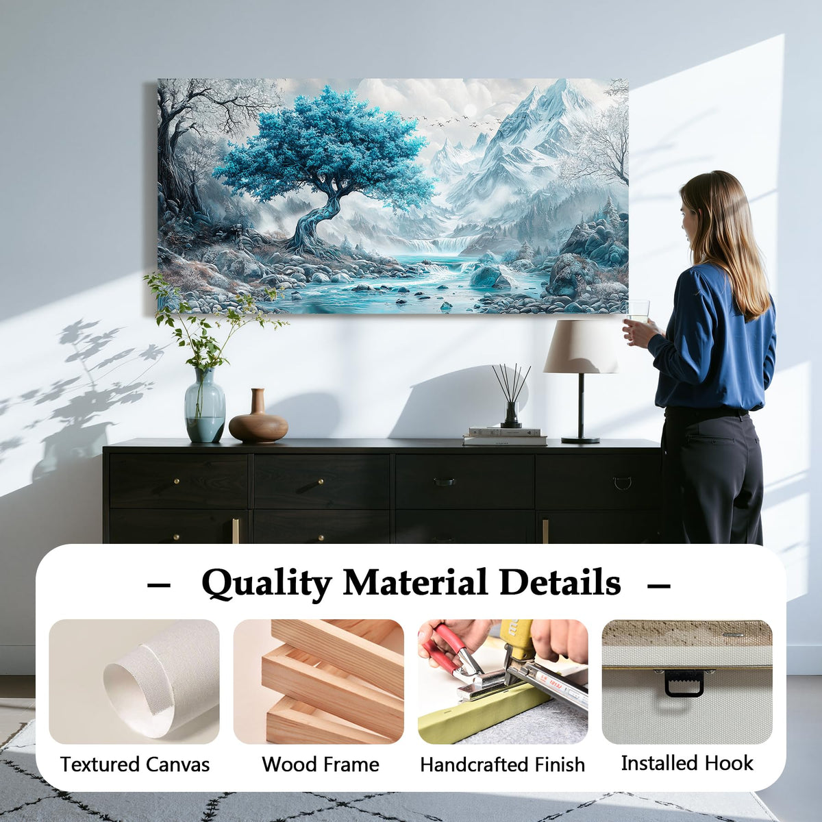 Tree of Life Large Wall Art Mountain Landscape Office Decor Blue (Teal Mountain Tree / 40"L x 20"W)