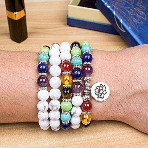 Necklace 108 Mala Beads Bracelet Buddhist Prayer Pendant Necklace (White Howlite-Lotus)