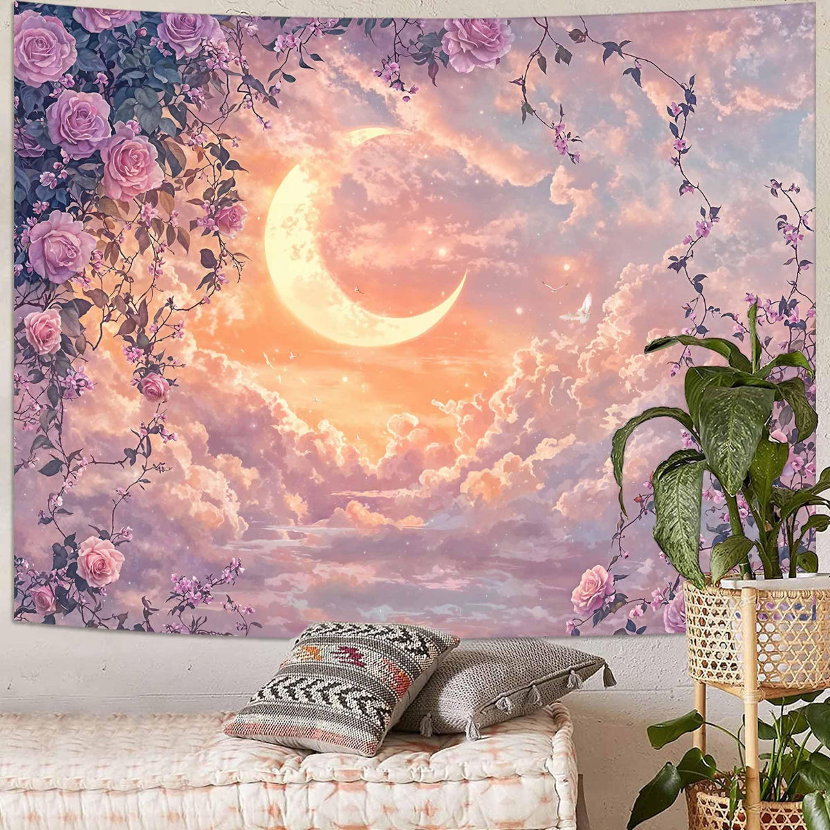 Pastel Rose and Moon Tapestry (90"L x 70"W / Purple Yellow)