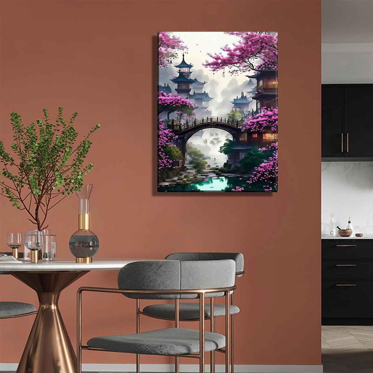 Eastern Zen Cherry Blossom Canvas Wall Art Japanese Ancient Architecture Decor Painting Picture Tokyo Anime Scene Posters Prints for Living room Hotel Bedroom Study Home Decoration (Japan / 16"L x 12"W)