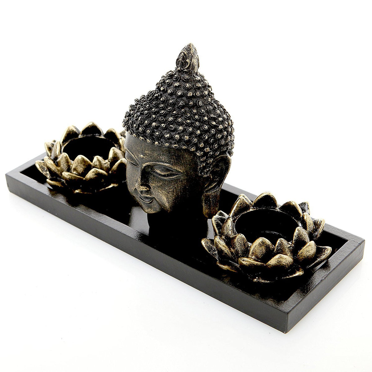 Resin Buddha Head Zen Garden Set with Lotus Tealight Holders & Tray (Black)