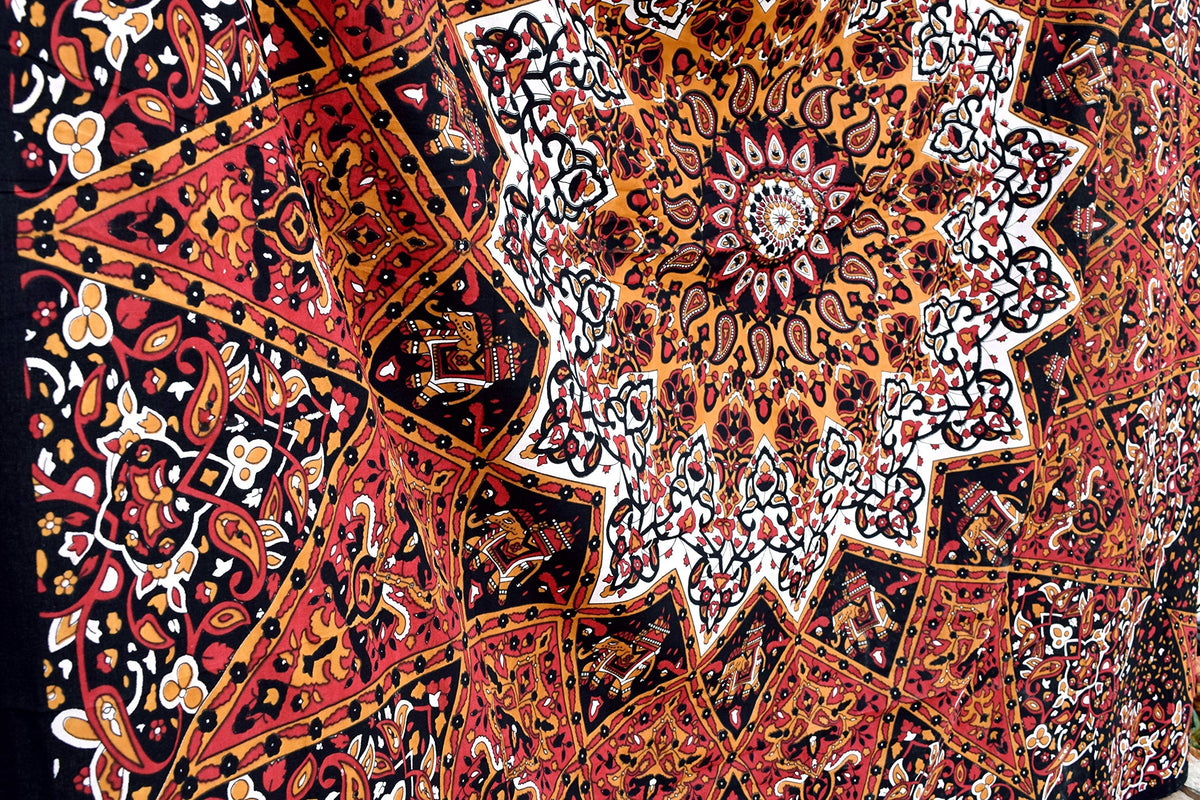 Tapestry Wall Hanging Hippie Mandala Bohemian Hippy Kaliedoscpic Star Intricate Floral Design Indian Tapestries Bedspread 84x90 Inches (90"L x 84"W / Red Black)