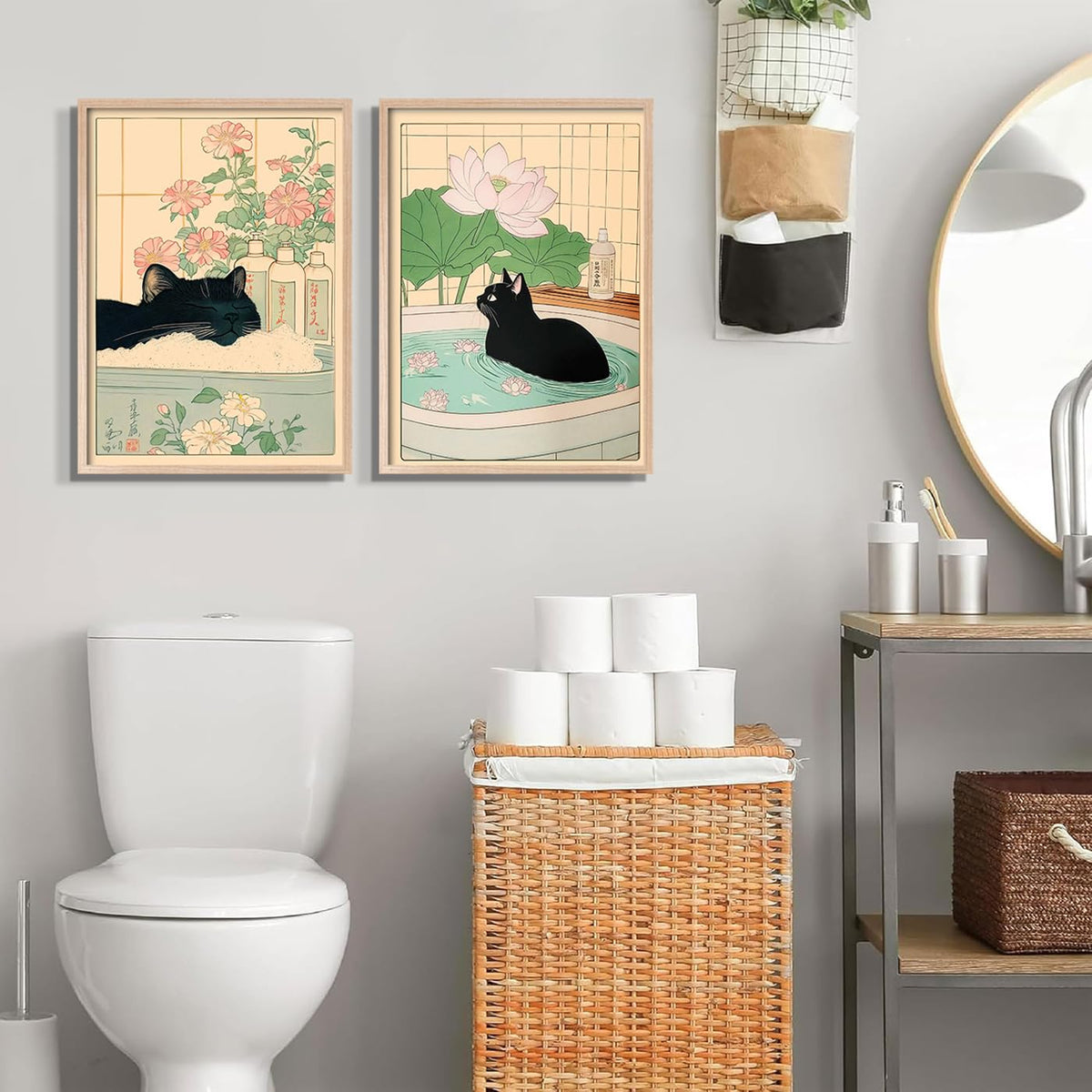 2Pcs Framed Japanese Style Black Cat Wall Art Bathroom Decor Painting Vintage Style Artwork HD Canvas Prints Living Room Wall Decor Modern Zen Poster Home Gallery Picture 12X16 Inch (Black Cat Bathroom / 12"L x 16"W)