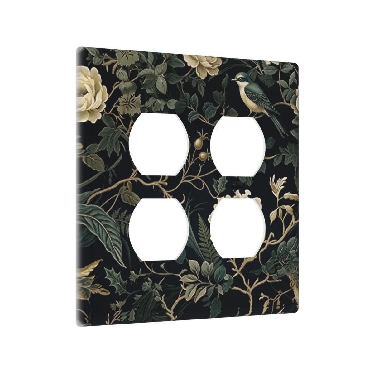 Spring Black Boho Floral Leaf 2 Gang 2 Duplex Combination Light Switch Cover Decorative Combo Dual Device Receptacle Switch Face Wall Plate (Spring Black Boho Floral Leaf / 2 Gang2 Duplex)