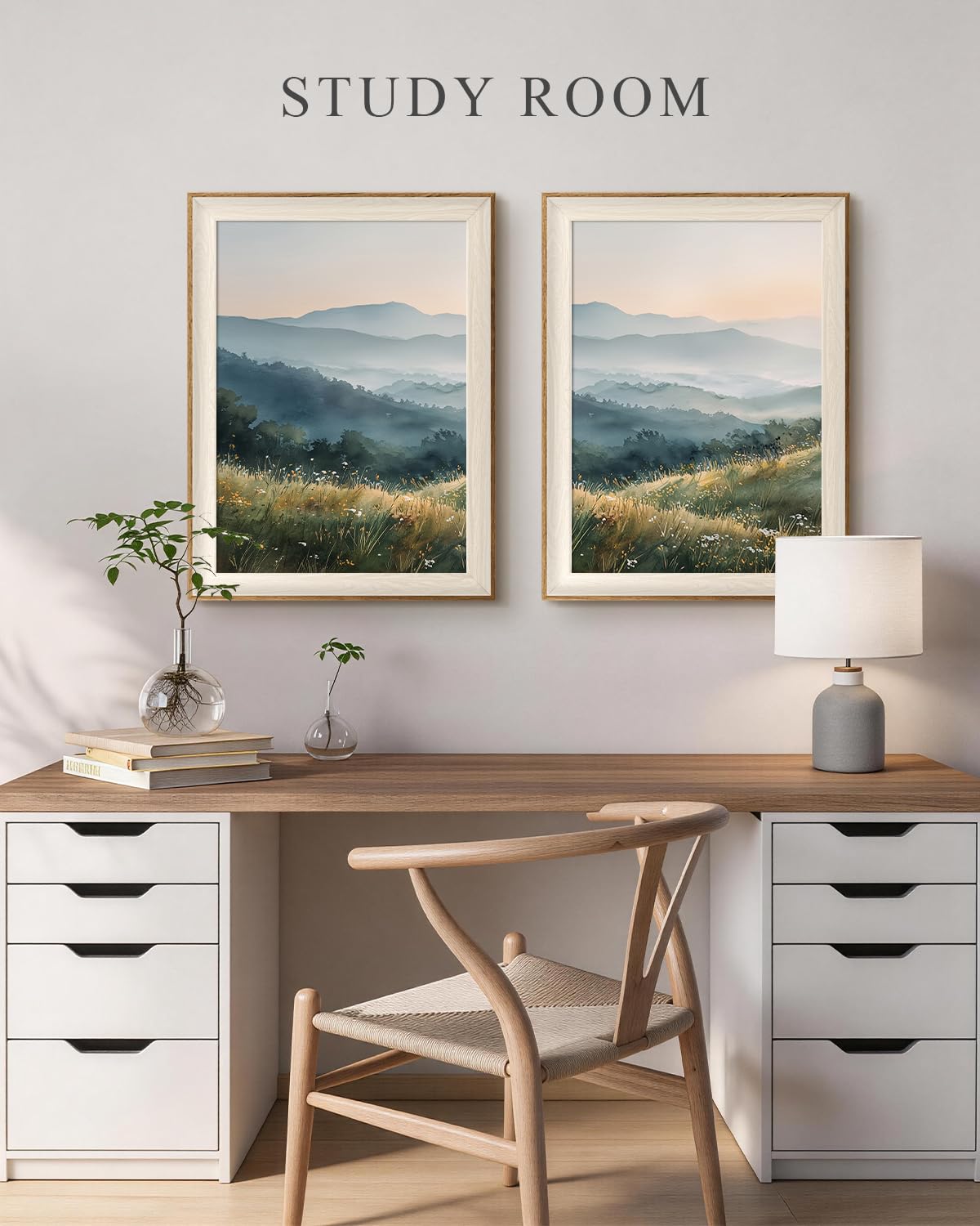Framed Moody Mountain Flora Landscape Wall Art Set (Misty Mountain Landscape / 16"L x 12"W)