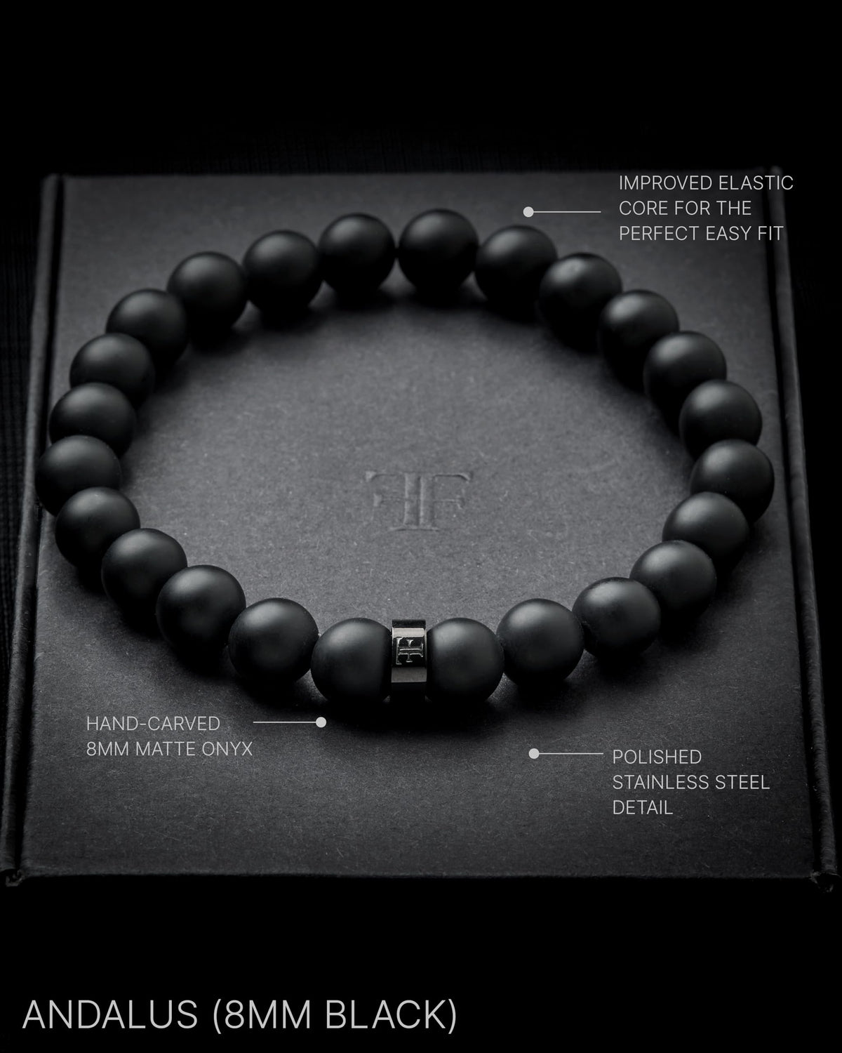Andalus Men's Matte Black Solid Onyx Beaded Bracelet (8mm Black / Small)