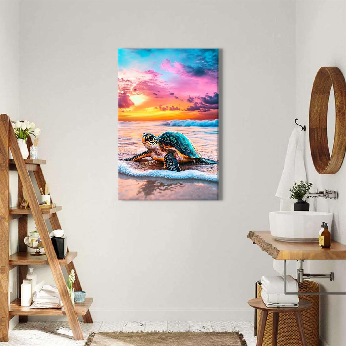 Farmhouse Bathroom Wall Art Colorful Sunrise Ocean Sea Turtle Wall Decor Coastal Beach landscape Pictures Vintage Marine Animals Painting Canvas Prints Artwork Nautical Bedroom Bath Decoration 24x36" (24"L x 36"W / Seaturtle)