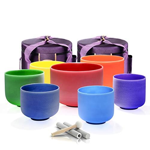 7 12 inch 432 Hz Chakra Set of 7 Color Crystal Singing Bowls with Heavy Duty Carrying Cases and Mallets (7-12 inch / 432Hz 7 Color Bowls Set)