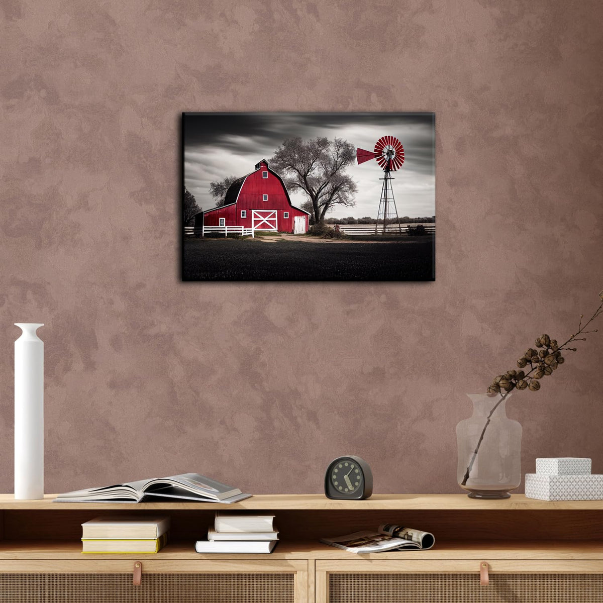 Farmhouse Barn Wall Art Red Barn Windmill Canvas Print Rustic Country Landscape Black White Vintage Farmhouse Artwork for Living Room Bedroom Kitchen Dining Room Office Home Decor 12x16 Inch (16"L x 12"W / Red Bran)