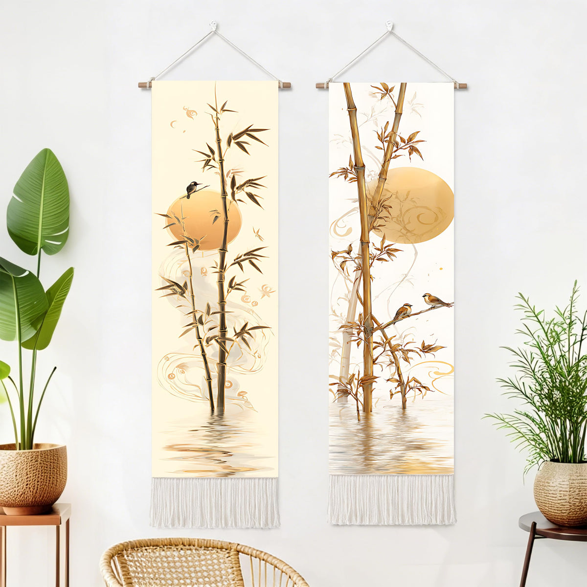 2 Pack Long Vertical Wall Tapestry (Bamboo Rustic Motif / 13"Wx51"H)
