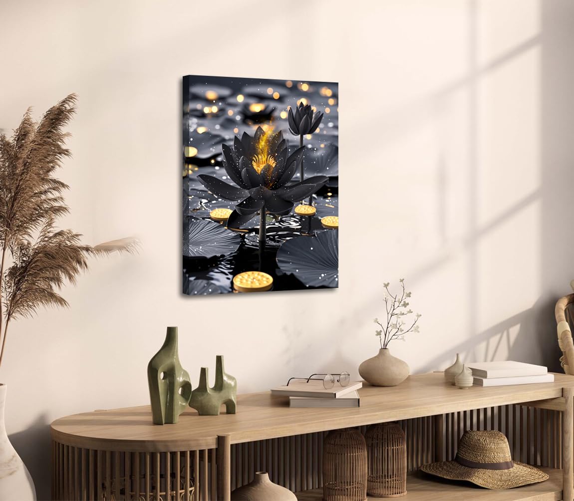 Framed Black and Gold Lotus Floral Wall Art Prints (Framed 12"X16"- Black Lotus Art Prints)