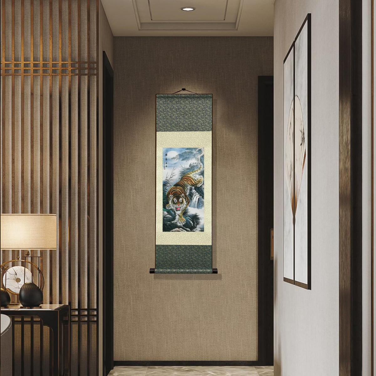 Zen Style Mountain Tiger Wall Art Silk Scroll Roaring Tiger Posters with Waterfall Backdrop Traditional Chinese Art Home Office Hotel Lobby Spa Room Decor 36x12 Inch (HJ-L003)