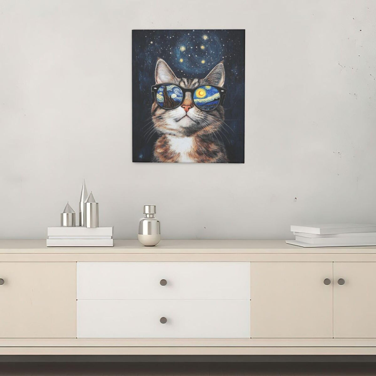 Funny Cat Wall Art Cute Cat Bathroom Canvas Wall Decor Starry Night Glasses Pictures Paintings Prints Artwork Framed Decorations For Bedroom Living Room Gifts 20" x 24" (Vangogh Cat / 24"L x 20"W)