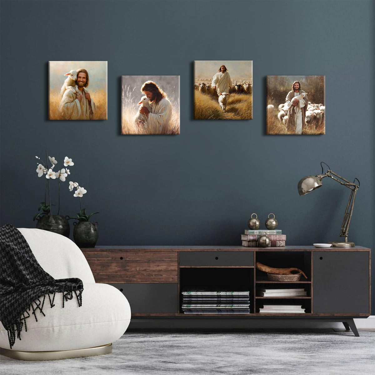 Jesus and Lamb Wall Art Set of 4 Christian Wall Decor Running After Lost Lamb Pictures Canvas Prints Vintage Jesus Theme Paintings Christ The Good Shepherd Artwork Home Decorations 12x12” (12"L x 12"W / Jesus01)