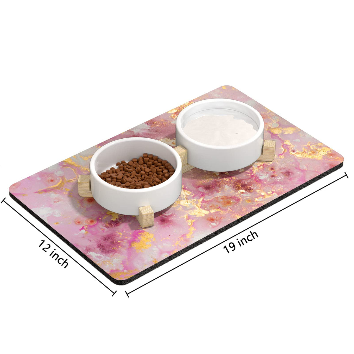 Dog Food Mat 12" x 19" Absorbent Dog Cat Bowl Mat for Food and Water (Pink Gold Abstract / 12"L x 19"W)