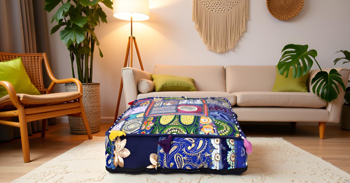 Indian Square Patchwork Traditional Pouf Cover Indian Living Room Poufs Decorative Embroidered Designer Ottoman Home Living Footstool Chair Cover Decor Pillow Cover 18x18x5 inches (18"D x 18"W x 5"H / Blue)