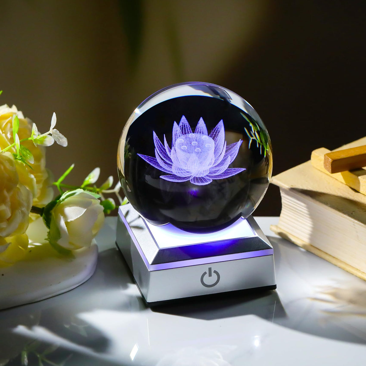 Crystal 3.14 Engraving Lotus Flower Figurine Ball with Colorful LED Base (Lotus)