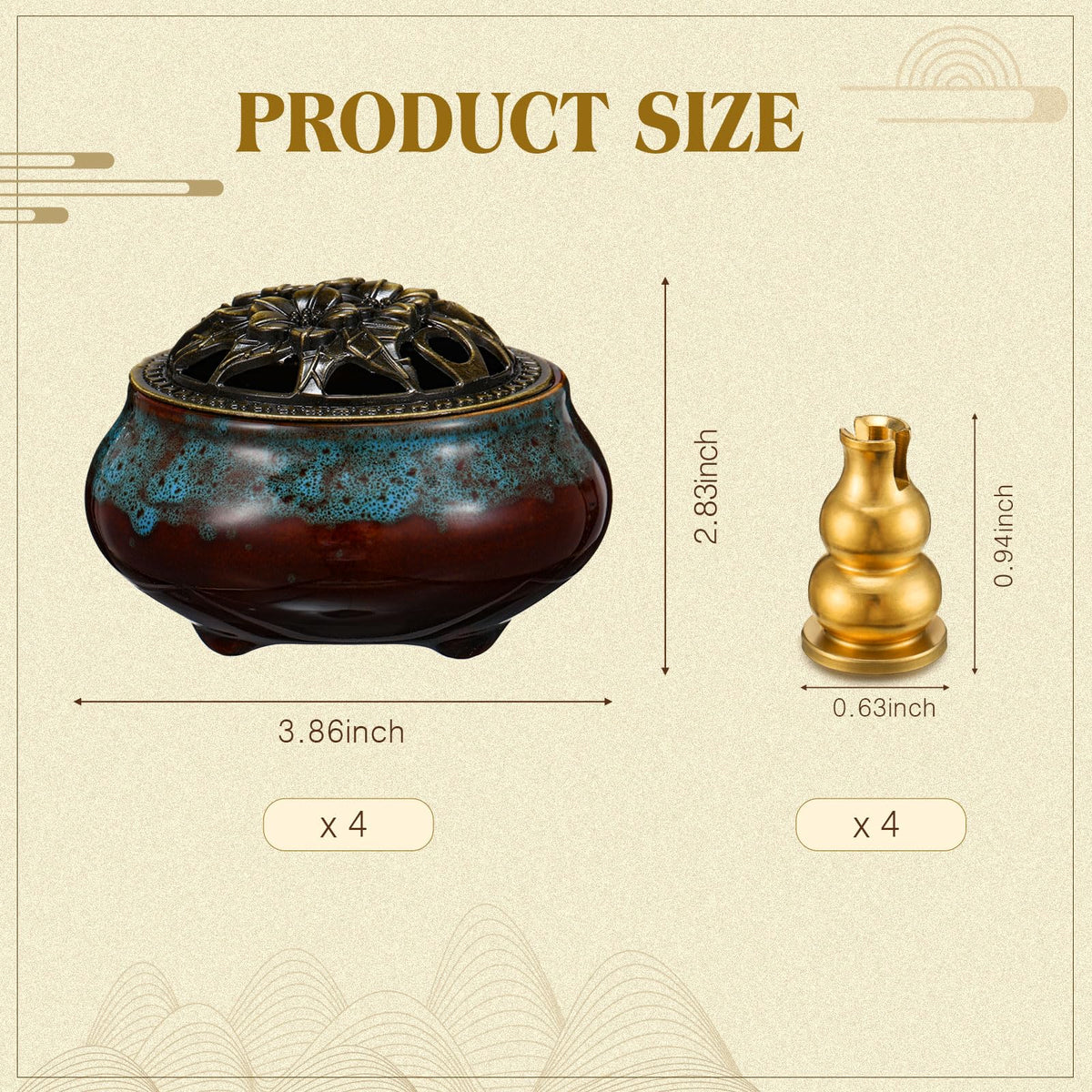 4 Pcs Ceramic Incense Burner with Copper Lid Metal Incense Holder Lotus Cone Burner for Sandalwood Palo Santo Sage Cones Meditation Yoga Spa Gifts Room Decor (Blue)