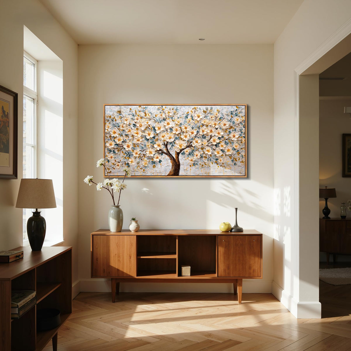 Floral Tree of Life Large Framed Wall Art Modern Home Decor Neutral (Pear Blossoms Tree / 40"L x 20"W)