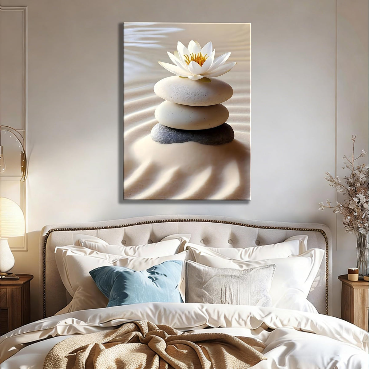 Framed Neutral Zen Garden Lotus Canvas Wall Art (Pictures26 / 24"L x 16"W)