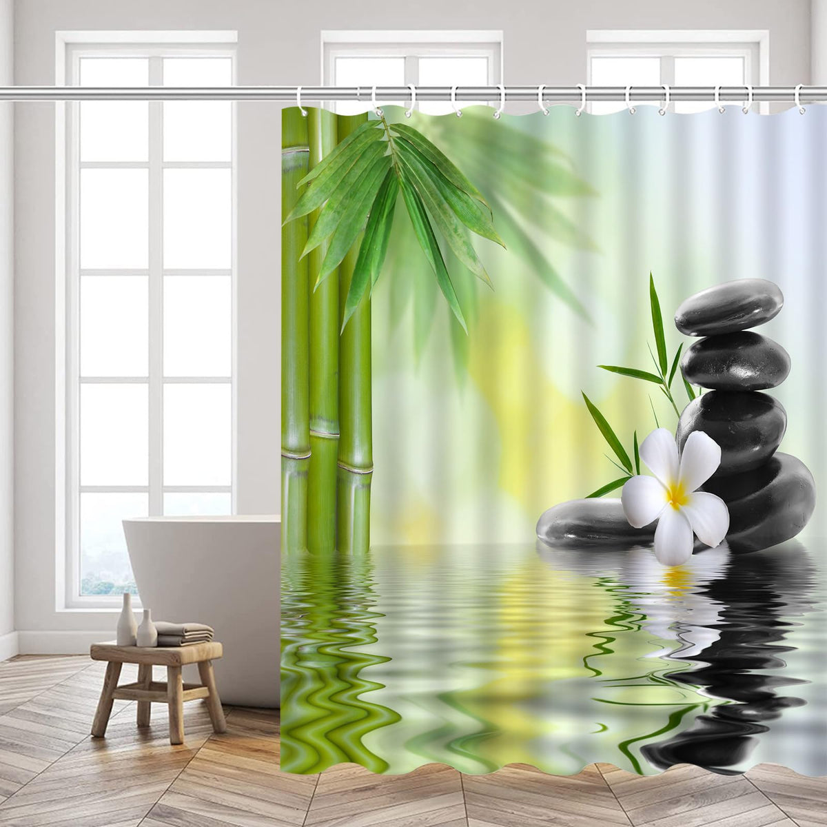 Zen Garden Shower Curtain Spa Green Bamboo Black Stone White Flower Bathroom Decor Supplies Shower Curtains Sets Machine Washable Polyester Fabric 47 x 70 Inch with Hooks (Black Green White / 47"W x 70"L (Pack of 1))
