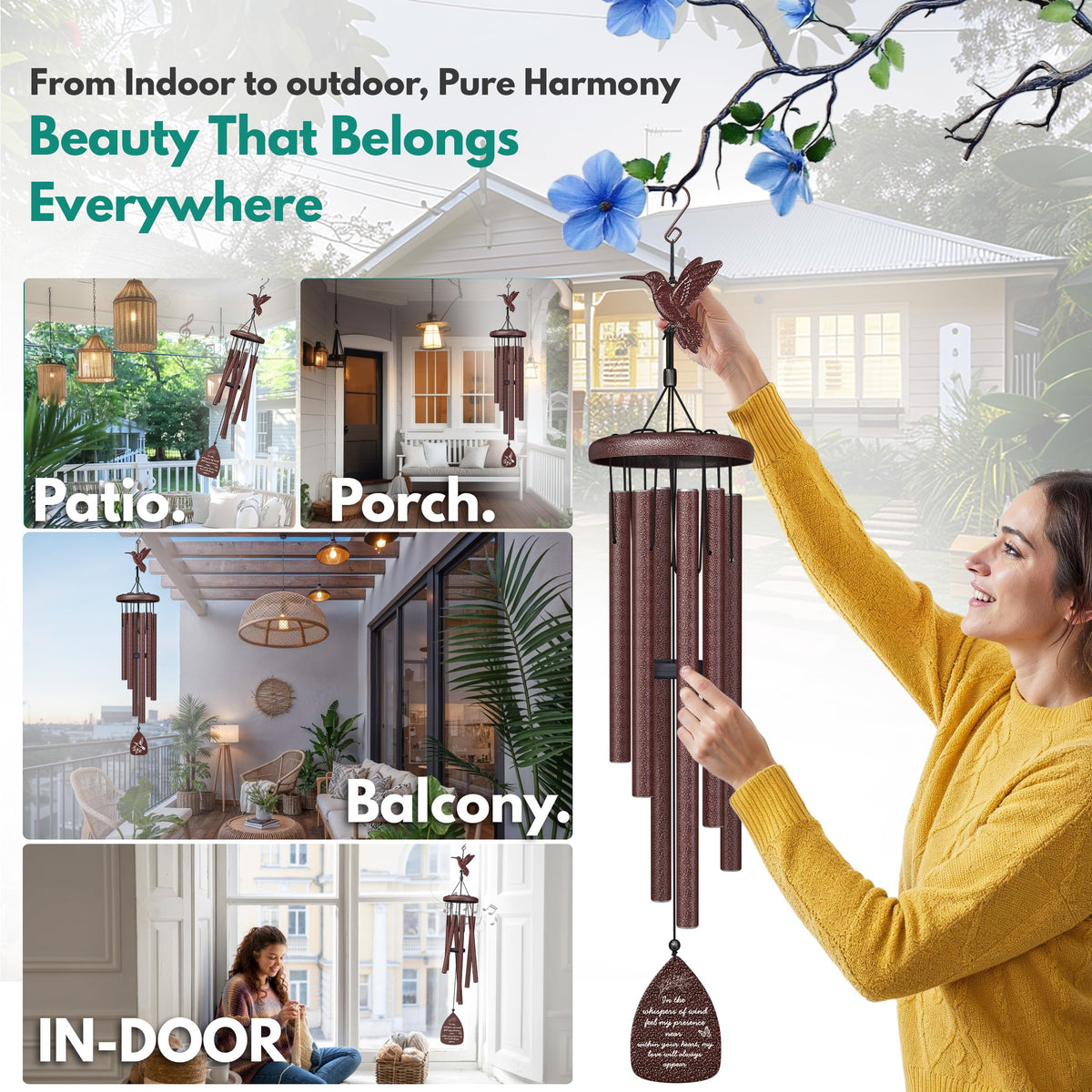 Hummingbird Memorial Wind Chimes for Loss of Loved One (Bronze - Hummingbird)