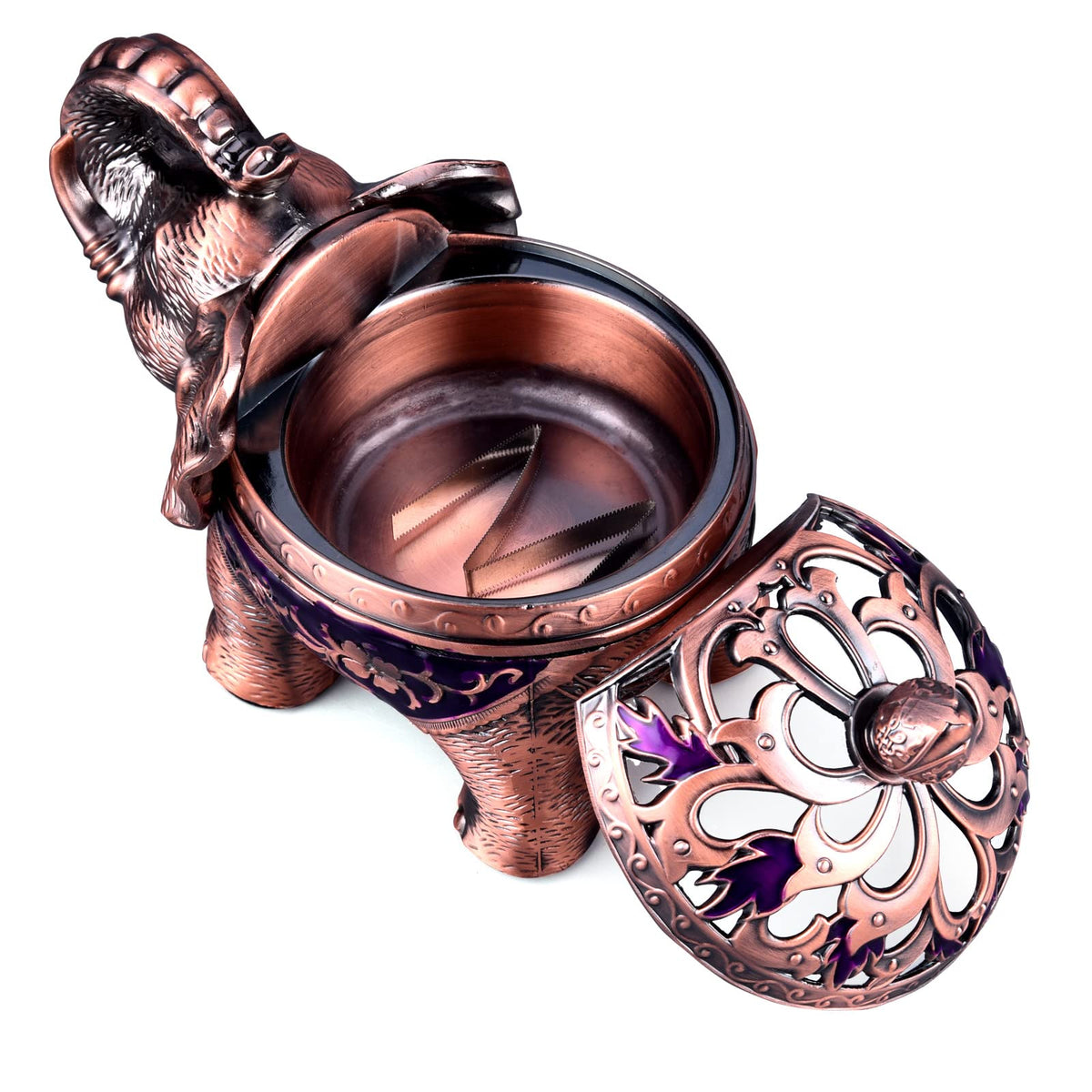 Metal Backflow Incense Holder Elephant Cone Incense Burner Candle Holder with Lid (Purple)