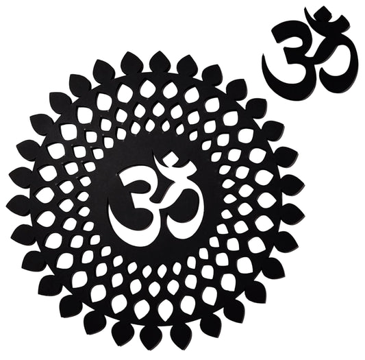 Black Om Round Decorative Wall Art Mdf Wooden Om Chakra For Temple (MANDALA OM-Black / 6"L x 6"W)