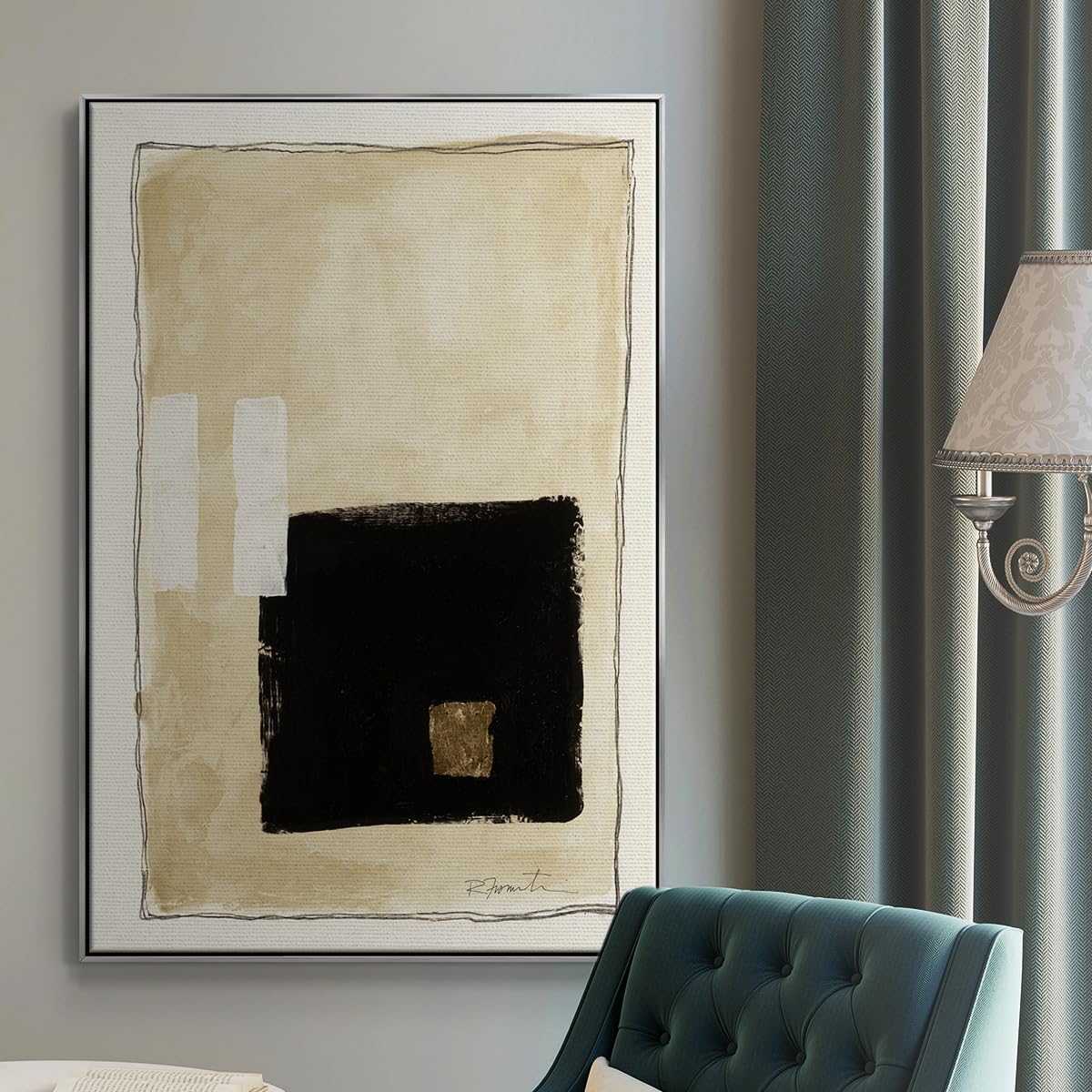 Abstract Wall Art for Home Decor Black Golden Geometric Square Patterns Canvas Silver Floater Frame Paintings for Bedroom Office Kitchen Walls (37"L x 25"W / Inner Musing I)