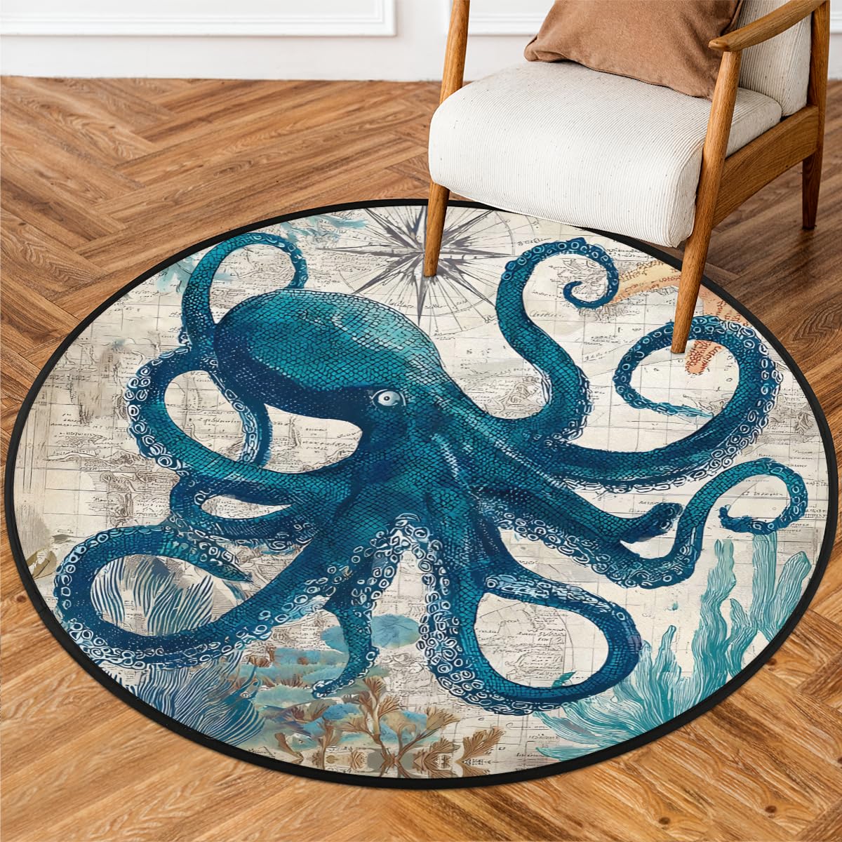 3 Ft Octopus Sea Round Rug Circle Area Rugs Circular Door Mat for Indoor (A:a-6 / 3'3" (Round))