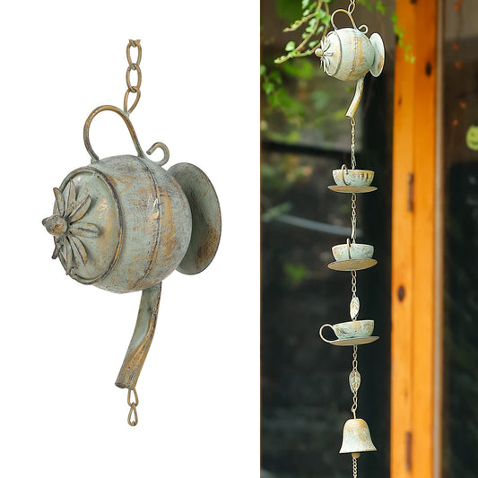 40" H Teapot & Cups Rain Chime with Bell Hanging (3.3 Ft Rain Chime)