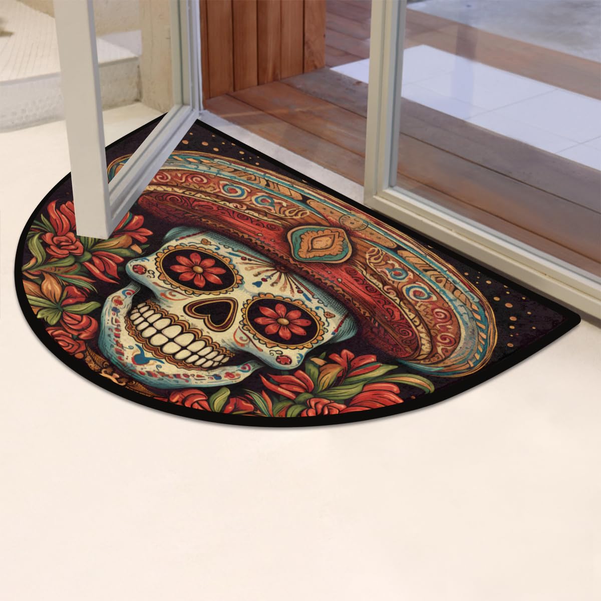 Skull Half Round Doormat Non Slip Half Moon Rug Outdoor Welcome Mat (B 007)