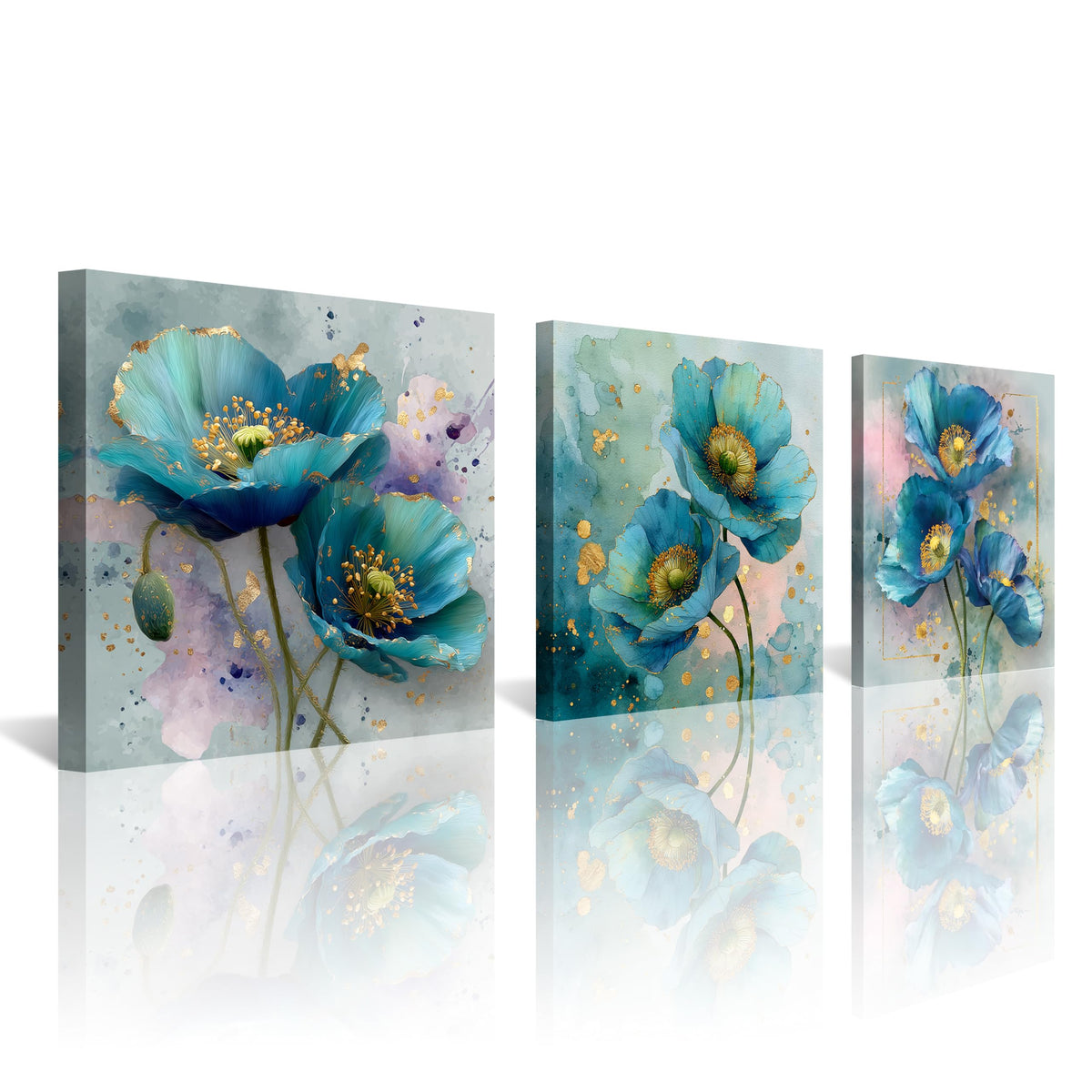 3Pcs Blue Teal Poppy Flower Wall Art Canvas Print with Gold Accents Modern Botanical Floral Contemporary Watercolor Style Elegant Flower Artwork for Living Room Bedroom Home Office Wall Decor (12 x 12 inches (3-Piece Set) / Blue Poppy)