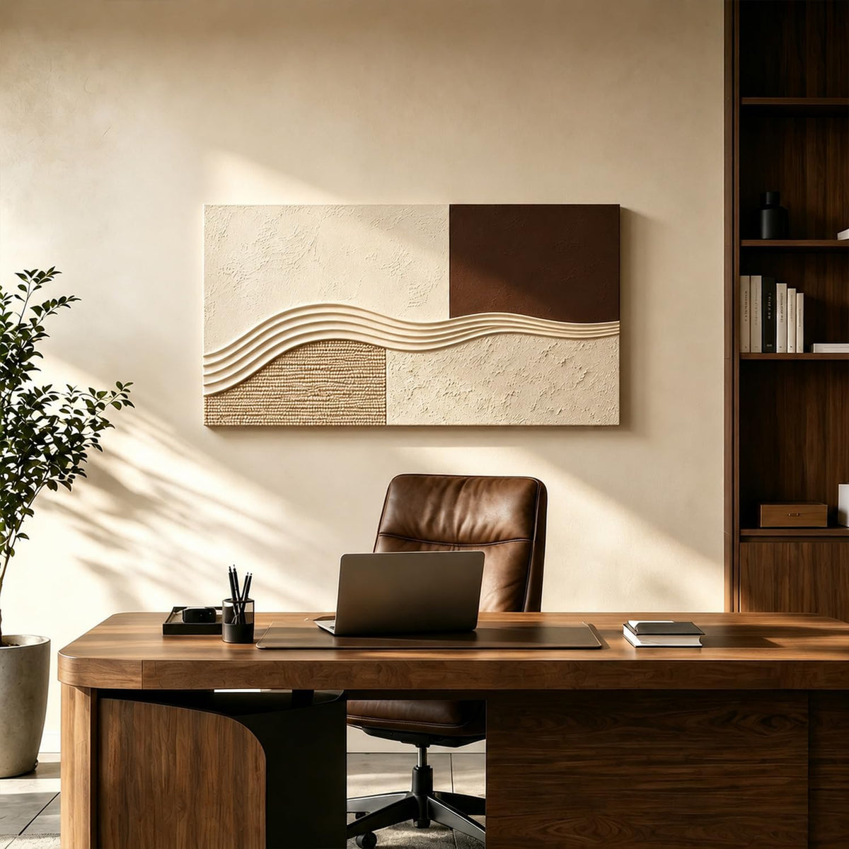 Neutral Textured Canvas Wall Art for Living Room (40"L x 20"W / Brown Neutral)