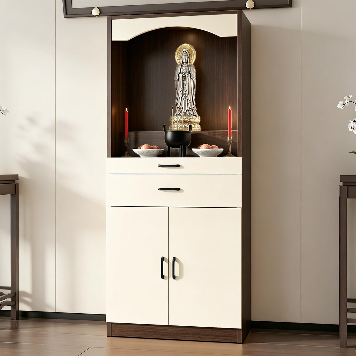Solid Wood Altar Table (Beige + Dark Brown Wood / 51.2" x 15.7" x 65.4")