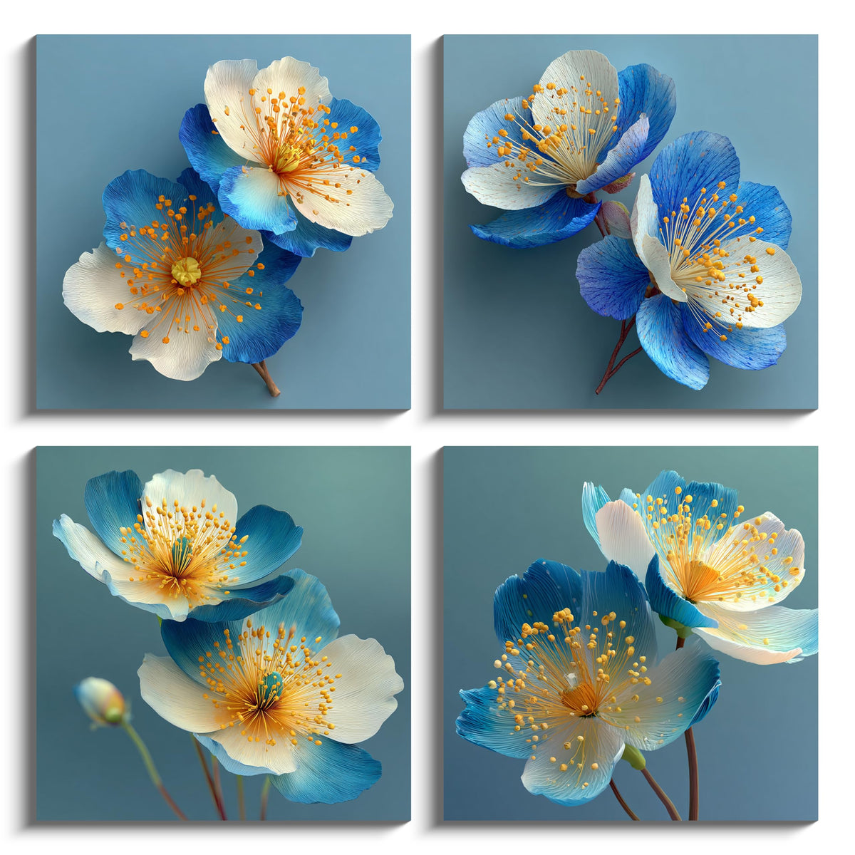 4PCS Blue White Flower Wall Art Canvas Print Yellow Stamens Modern Botanical Prints Elegant Watercolor Floral Artwork Minimalist Nature Illustration for Living Room Bedroom Office Home Decor (16X16inchX4 / Blue White Flower)