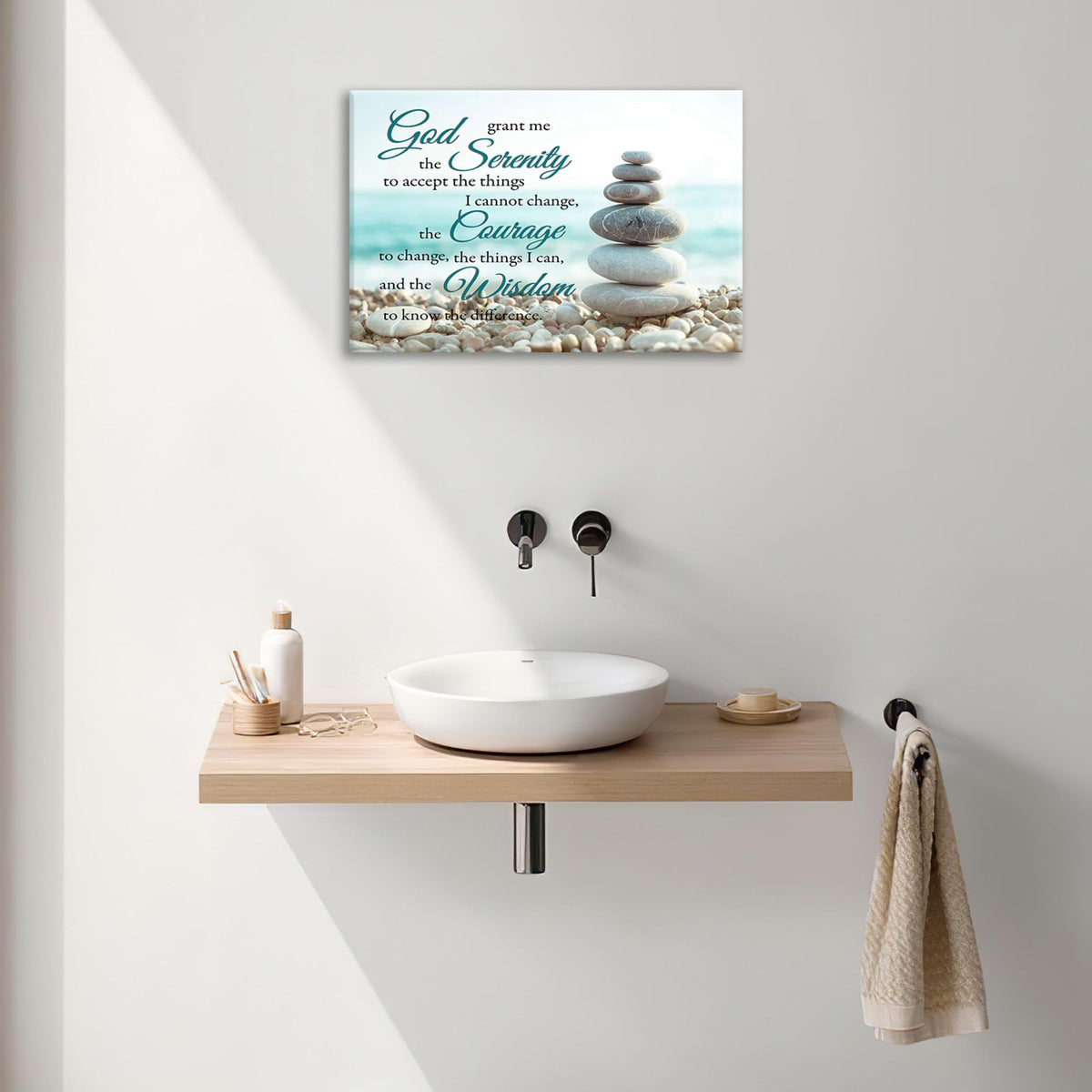 Serenity Prayer Bathroom Wall Art Beach Zen Canvas Prints Scripture Christian Pictures Framed Office Home Decor for Bedroom Dining Living Room 24"x20" (24"L x 20"W / Beach Stone Zen)