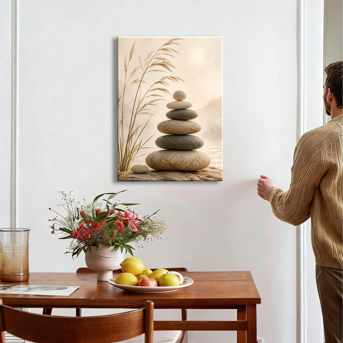 Framed Neutral Stacked Balance Stone Canvas Wall Art (Pictures31 / 12"L x 8"W)