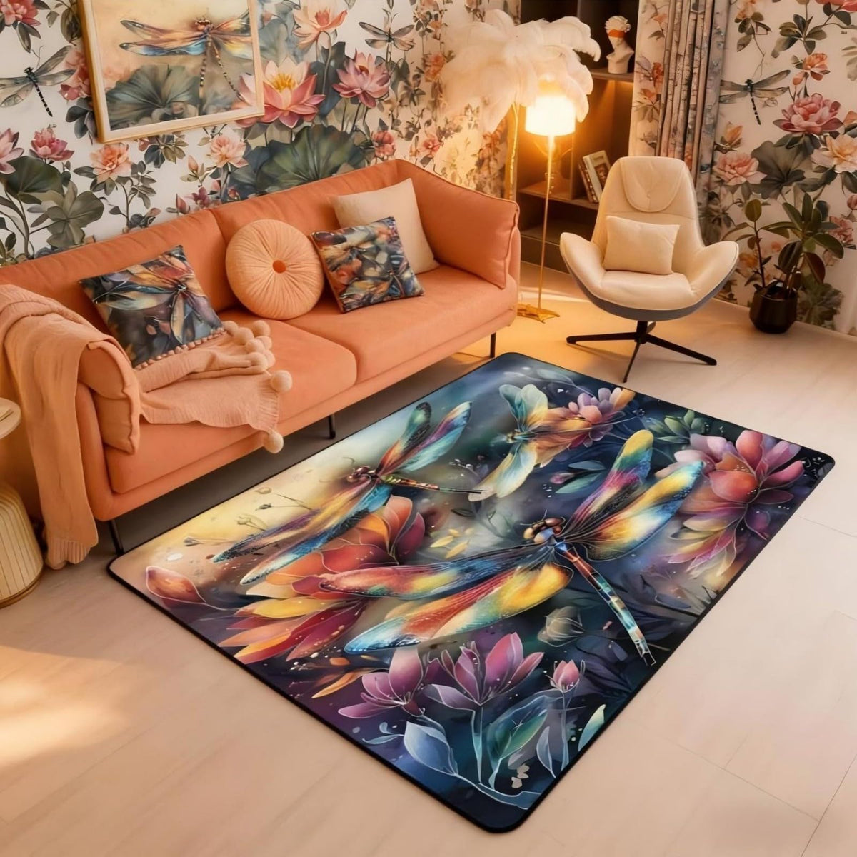 Dragonfly 5x7 Area Rug Colorful Flowers Living Room Rug (Red Orange Blue / 4'11" x 6'6" (Rectangular))