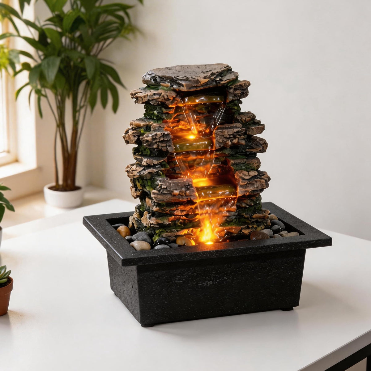 Tabletop Waterfall Fountain with LED Light (Gray)