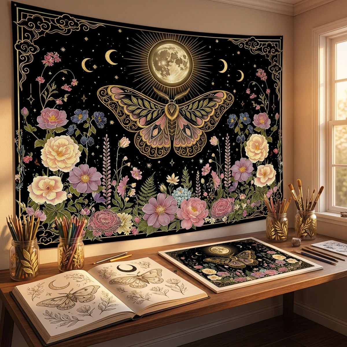 Tapestry Moon Moth and Floral Tapestries Witchy Cottagecore Tapestries Mystical Nature Wall Tapestry Bedroom Dormitory Living Room Decoration 60"x44" (Black Pink / 60"L x 44"W)