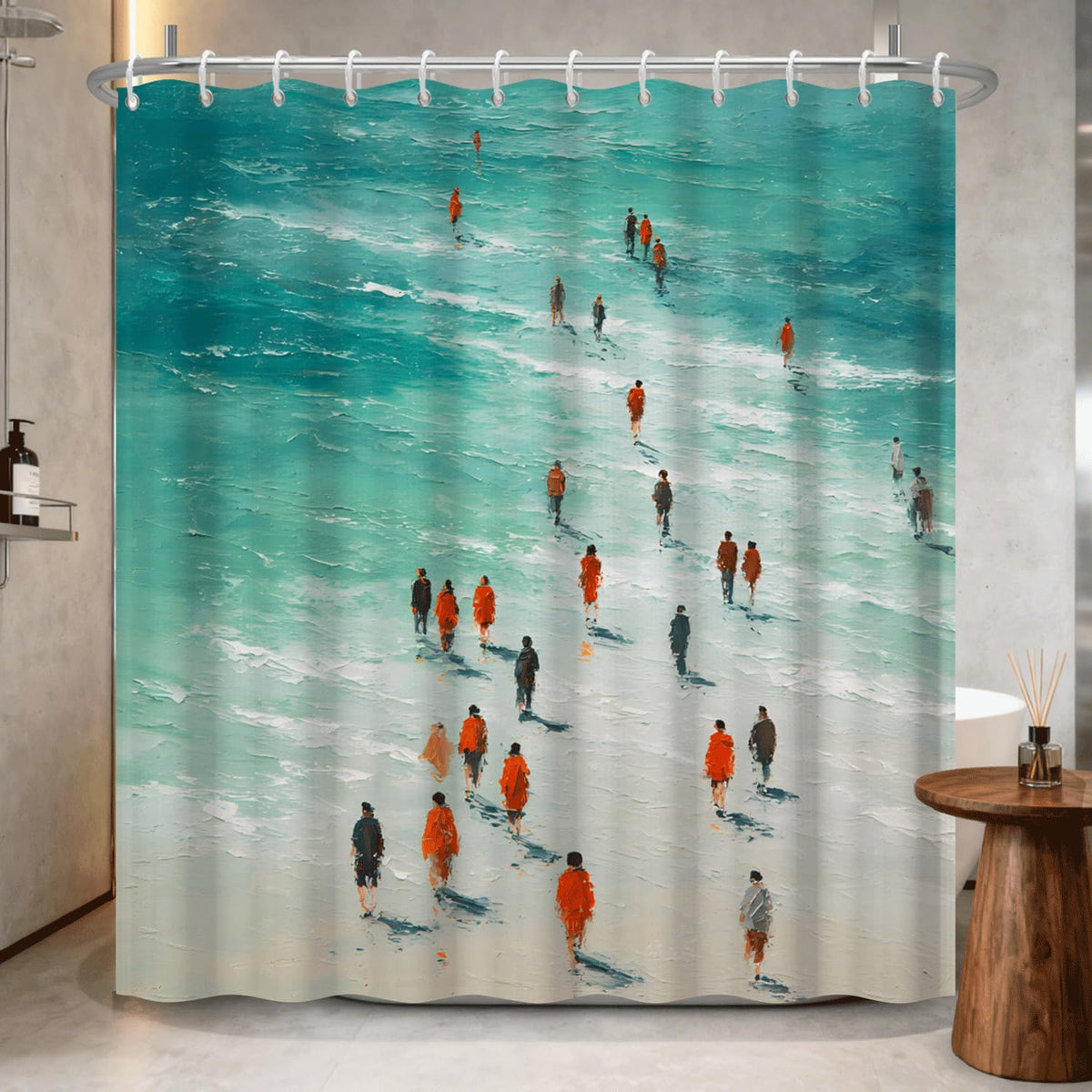 Coastal Beach Watercolor Shower Curtain with Hooks (Sea Walk)