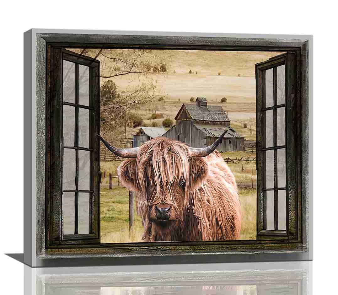 Highland Cow Wall Art Rustic Window Highland Cow Pictures Wall Decor Farmhouse Country Barn Canvas Prints Decorations Painting Artwork Office Home Decor For Bathroom Bedroom Dining Room 20L" X 24W" (Highland Cow / 20"L x 24"W)