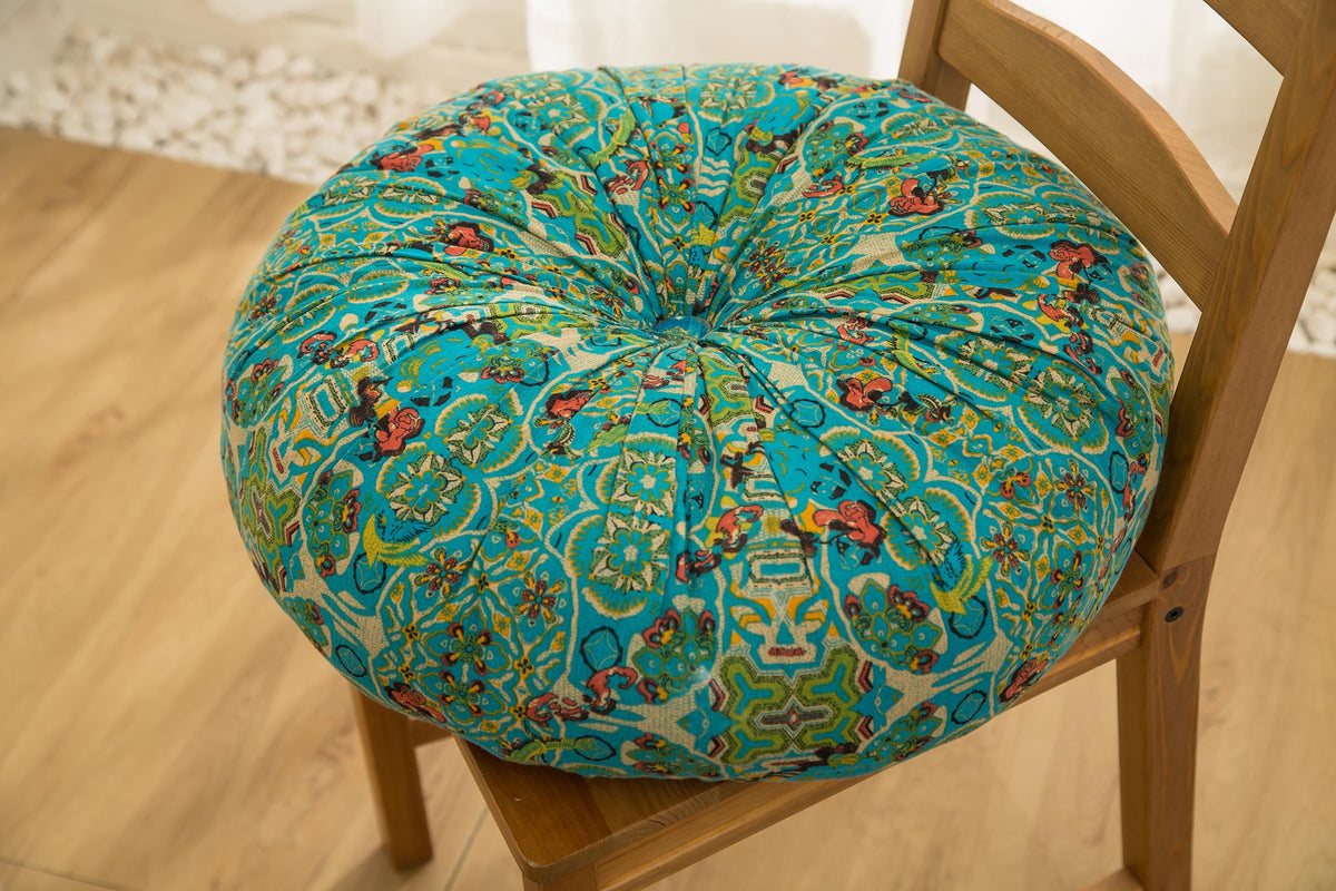 Moroccan Printed Round Chair Pads Cotton Linen Soft Comfort Chair Cushion Colorful Pompom Seat Cushions for Indoor Dining Room and Kitchen Chairs (22x22 Inch / Blue)
