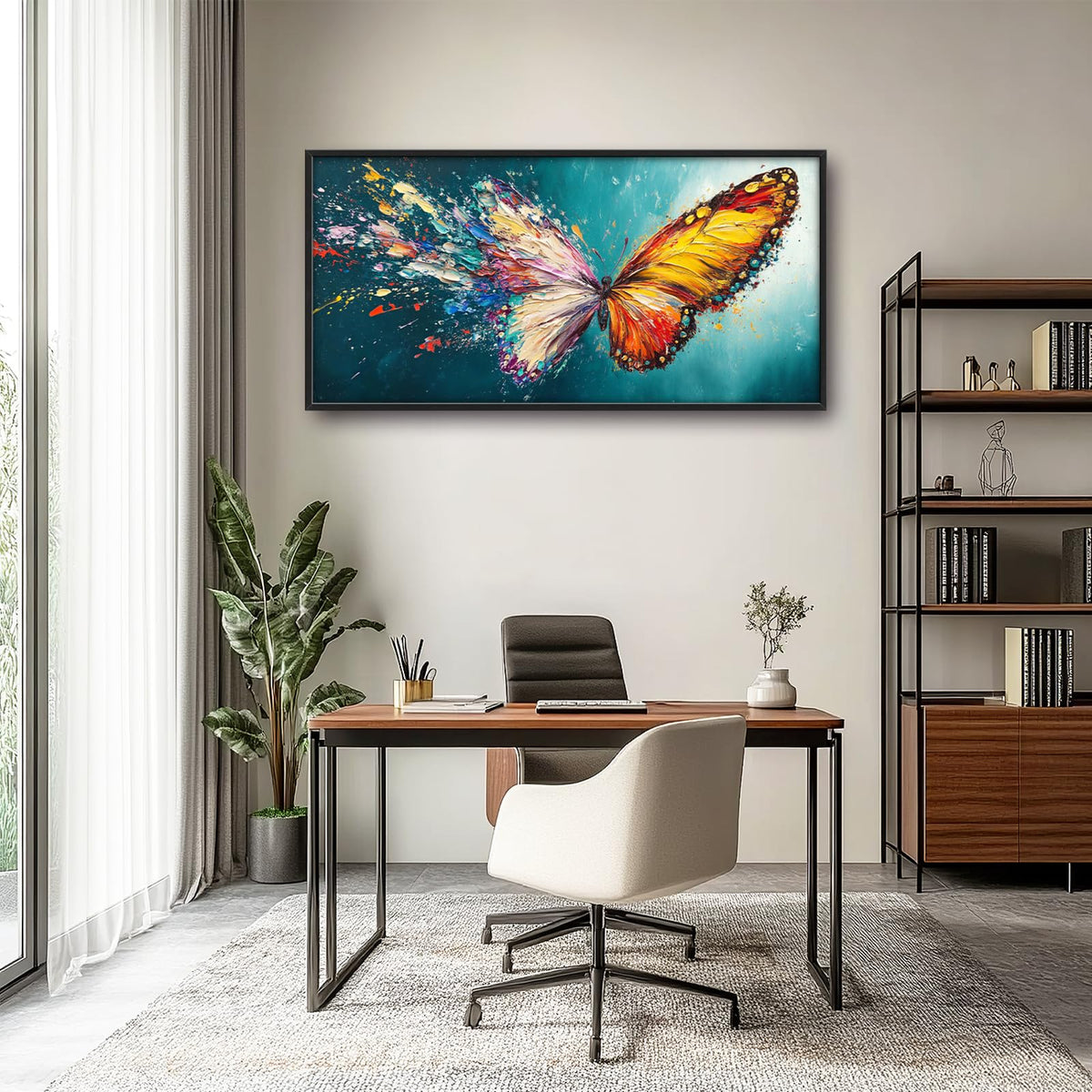 Large Framed Abstract Butterfly Wall Art (Ink-splashing Butterfly / 60"L x 30"W)
