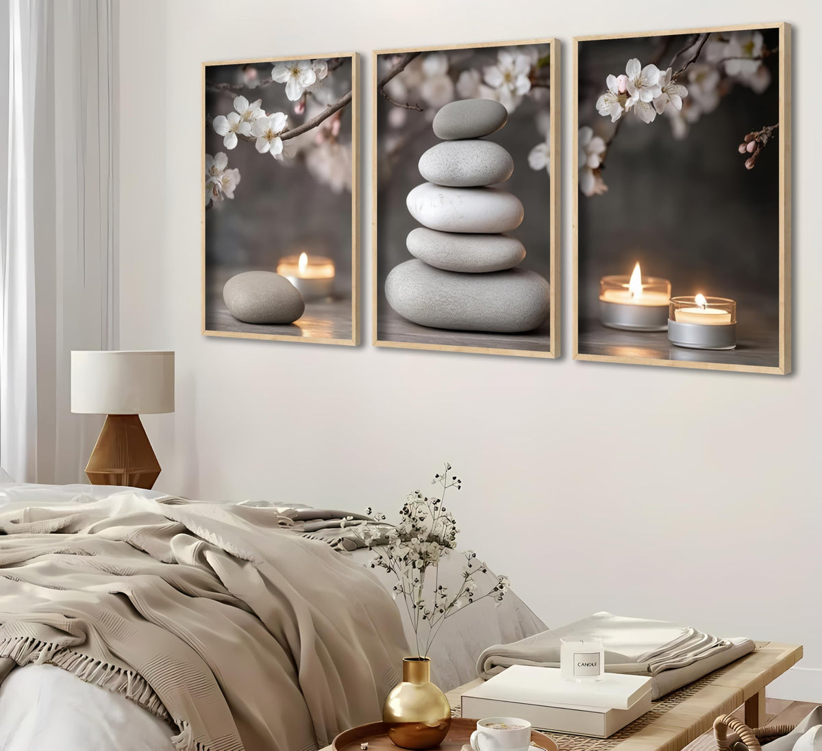 3 Piece Zen Canvas Wall Art Stacked Stones Cherry Blossom Candle Spa Wall Decor Calming Minimalist Neutral Poster Print Art for Bathroom Bedroom Yoga Room Office Living Room 12x16in Unframed (Poster / 16L''x12W'')