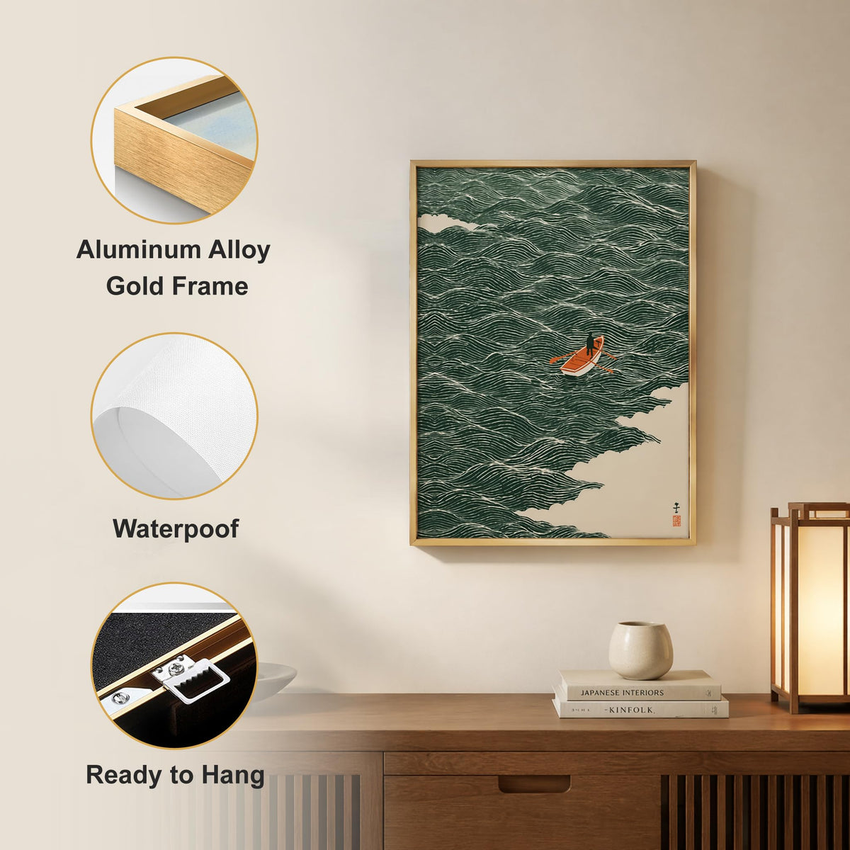 Gold Aluminum Alloy Framed Japanese Green Waves Canvas Wall Art 12X16in (Japanese Waves / 16"L x 12"W)