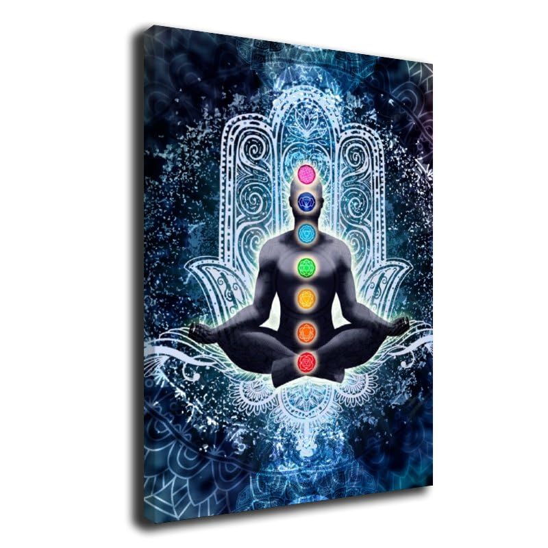 Seven Chakras on Blue Background Meditation Yoga Hd Print Canvas Wall Art Spiritual Healing Gifts for Family and Friends Bedroom Room Zen Decor Framed 24"X36" (36"L x 24"W / Frame-3)