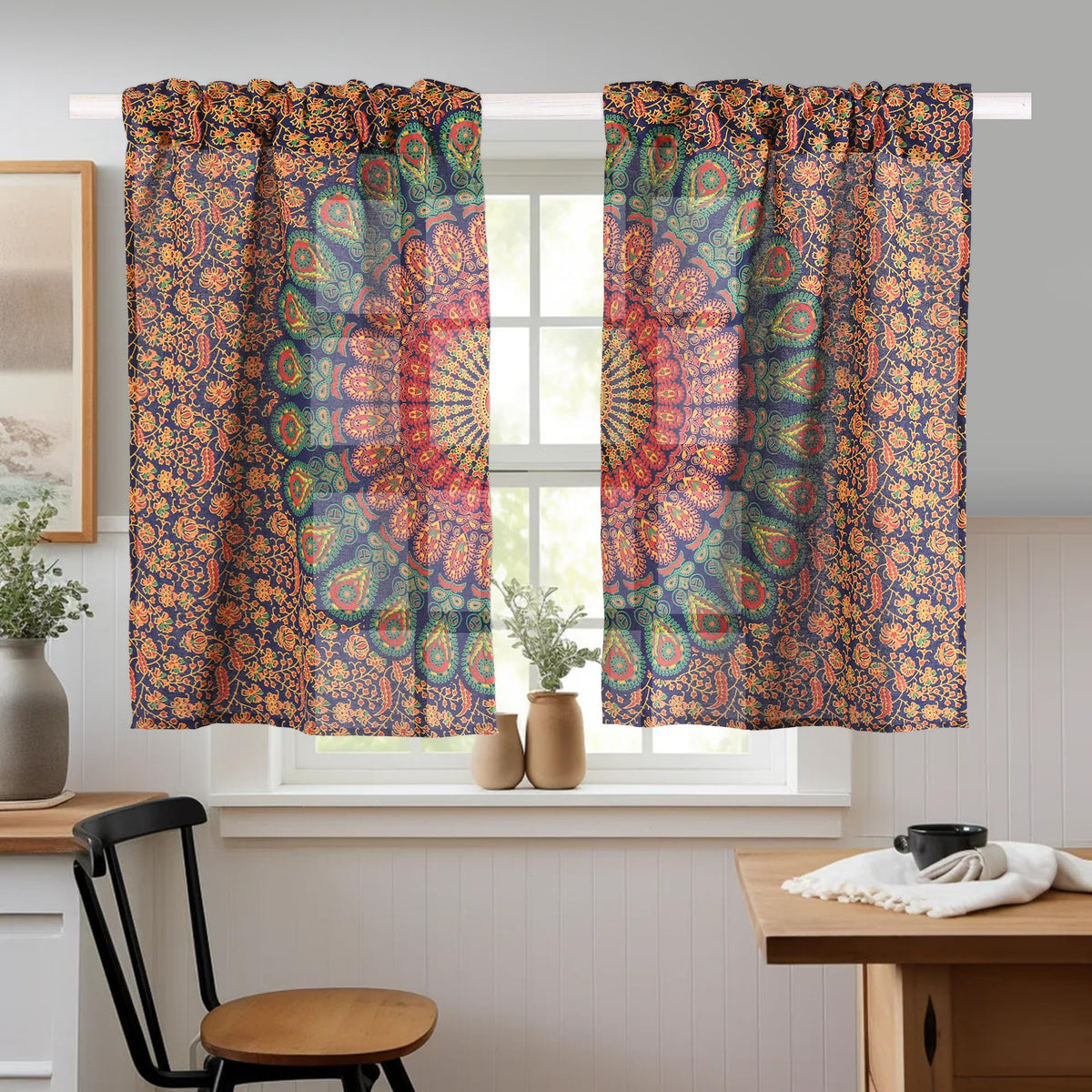 Indian Hippie Bohemian Beautiful Peacock Blue Multi Color Mandala Sheer Curtain Panels (Blue Multi Color / 18"W x 32"L (Pack of 2))